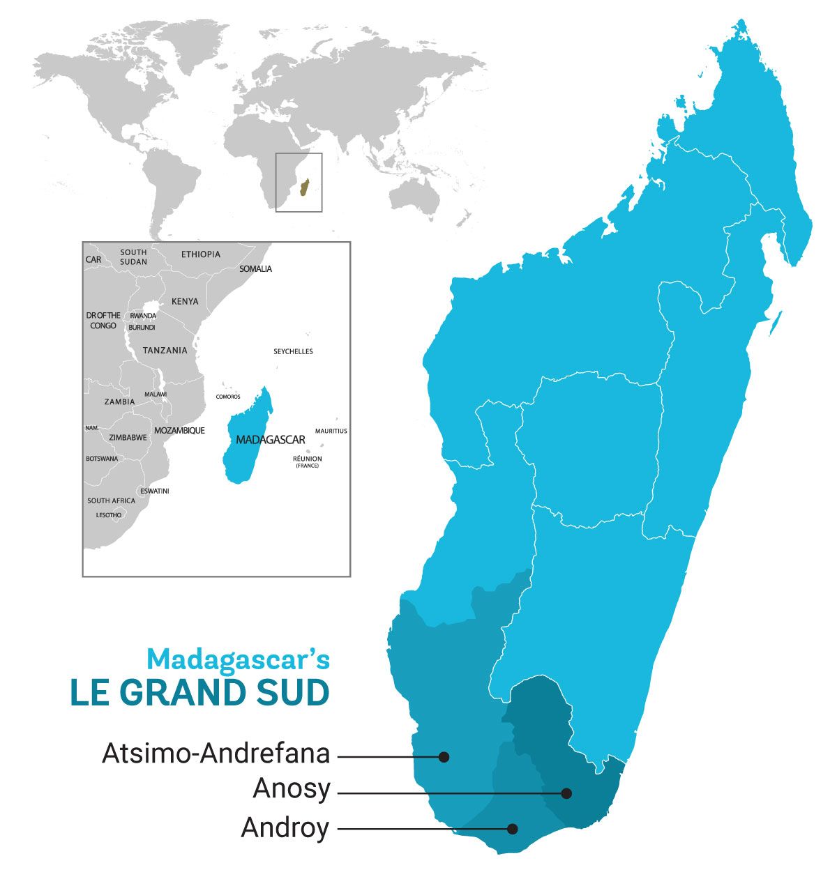 Le Grand Sud, the southernmost region of Madagascar, made up of the Androy, Anosy, and Atsimo-Andrefana.