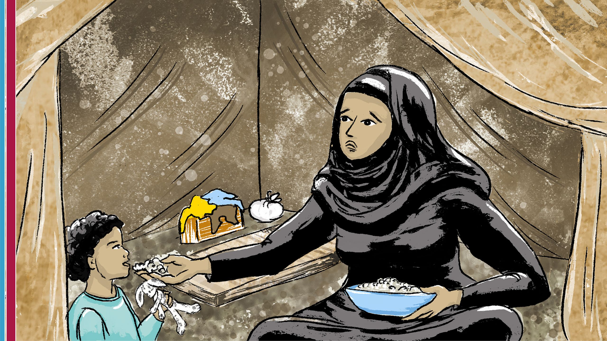 مشروع الاستجابة للأزمات الطارئة الممول من المؤسسة الدولية للتنمية يدخل حيز النفاذ. عائلة حسن من بين ملايين النازحين والمشردين داخليا الذين يحصلون على الغذاء وفرص العمل المؤقتة والخدمات الرئيسية من خلال هذا المشروع