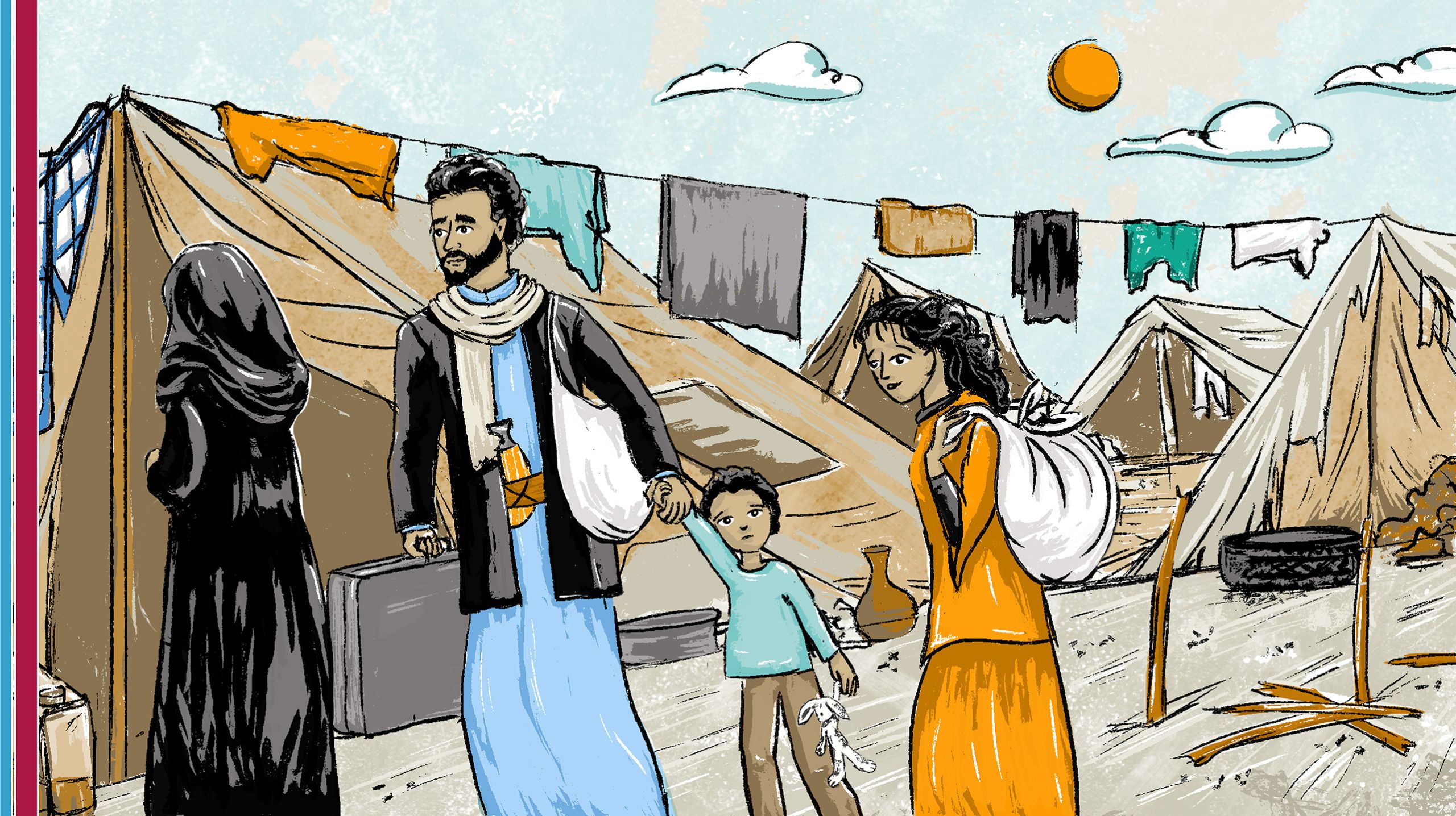  وبعد رحلة شاقة، تصل عائلة حسن إلى  مخيم للنازحين والمشردين داخليا. إنهم جائعون ومتعبون. وفي الرحلة فقدوا كل    متعتهم وممتلكاتهم. وهم يفقدون السكن والوطن