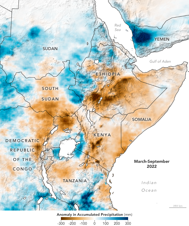 The most severe drought in 70 years of threatens the Horn of Africa with famine. Source: NASA