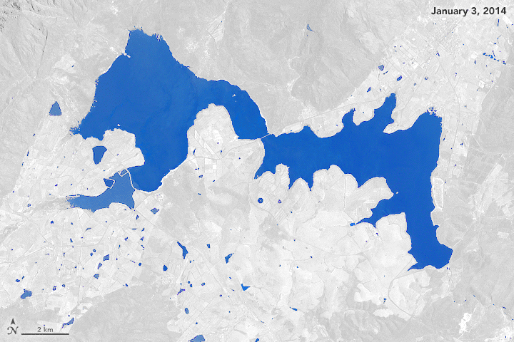 Between 2014 and 2018, the Theewaterskloof reservoir, one of the largest water supply systems near Cape Town in South Africa, dropped to 27% of its full capacity. Credit: NASA