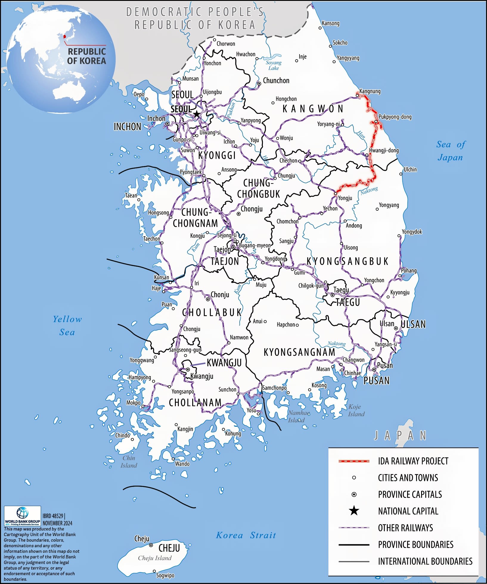 South Korea Railway Route Map. GEOARCHIVE         CC BY-SA 4.0 DEED https://commons.wikimedia.org/wiki/File:Korail_Route_Map.png
