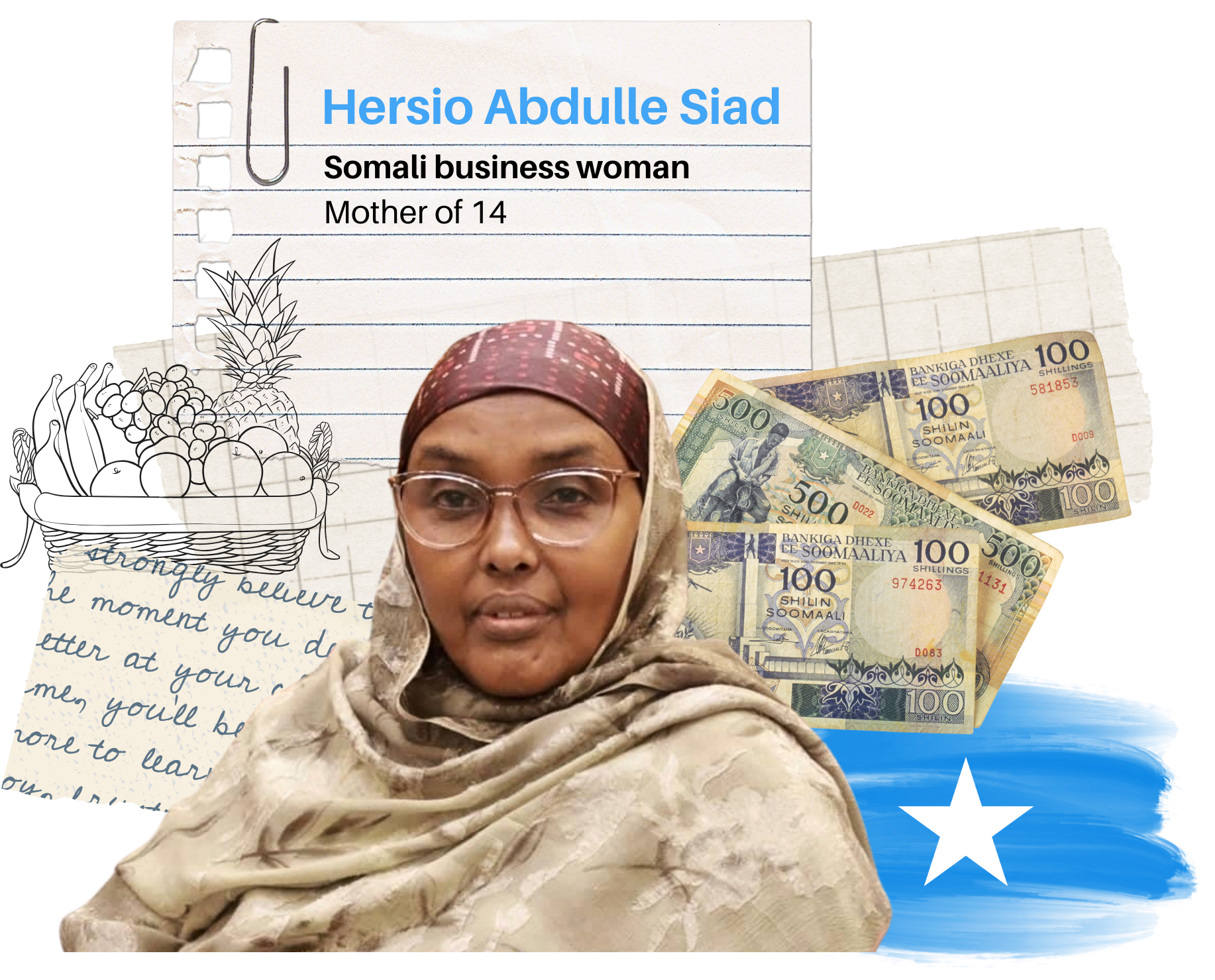 A collage with a Somali businesswoman, Hersio Abdulle Siad, in the center, wearing a headscarf and glasses. Elements include her name, Somali currency, a note about her being a mother of 14, motivational words, and a produce sketch, against a backdrop featuring Somalia's flag.