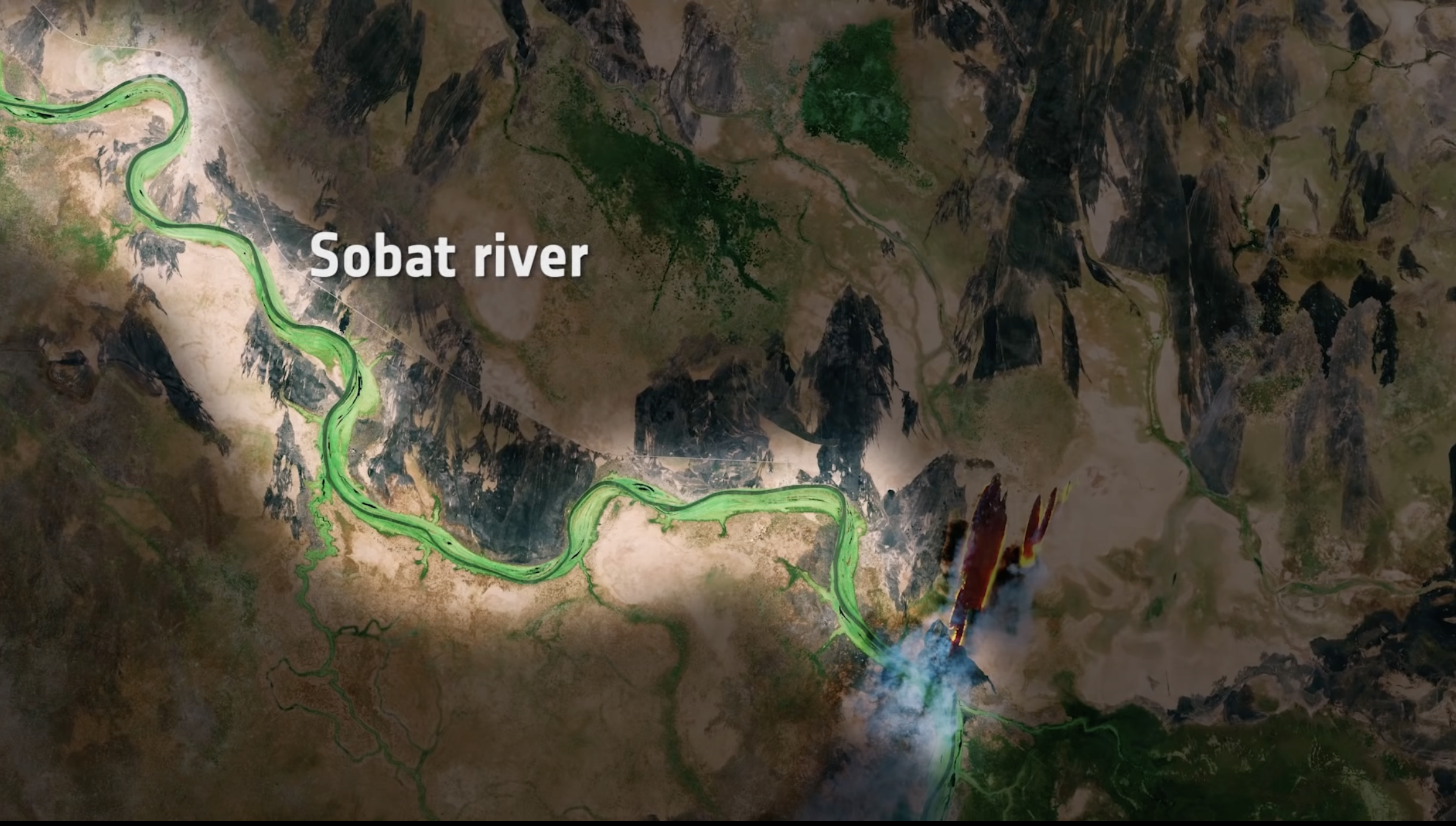 The Sobat river is traced in a vibrant green colour along the left part of the image. This is the most southerly of the great eastern tributaries of the White Nile, the section of the Nile between Malakal, South Sudan and Khartoum, Sudan.