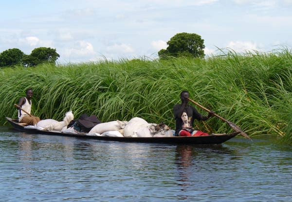 Water transport on the White Nile, in Upper Nile state, in the Greater Upper Nile region of northeastern South Sudan.